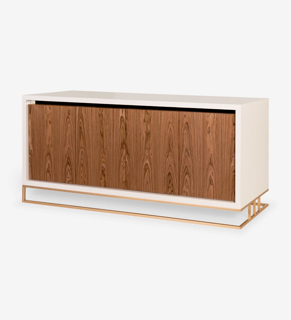 Sideboard with 4 doors in high gloss walnut, pearl lacquered structure, with gold lacquered metal foot and mirror detail.