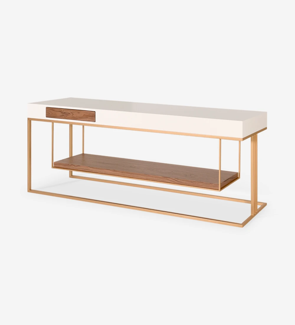 Double-sided console, with drawer on each side and walnut shelf, pearl lacquered structure and golden lacquered metal foot.