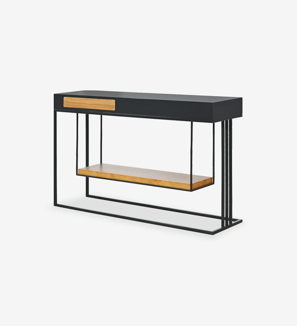 Console with 1 drawer and shelf in honey oak, black lacquered metal frame and legs.