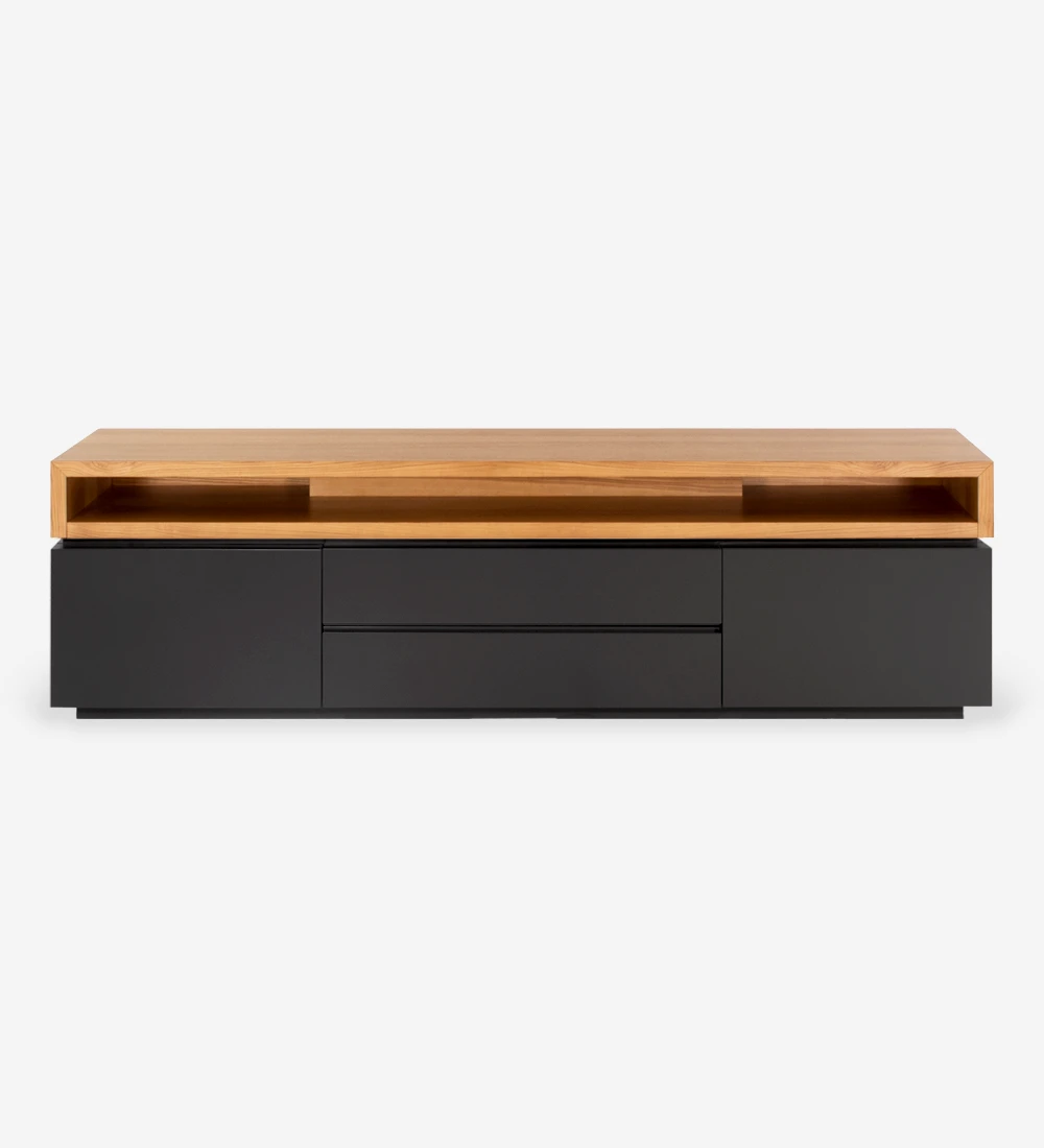 TV Stand with black lacquered structure and honey oak top module.