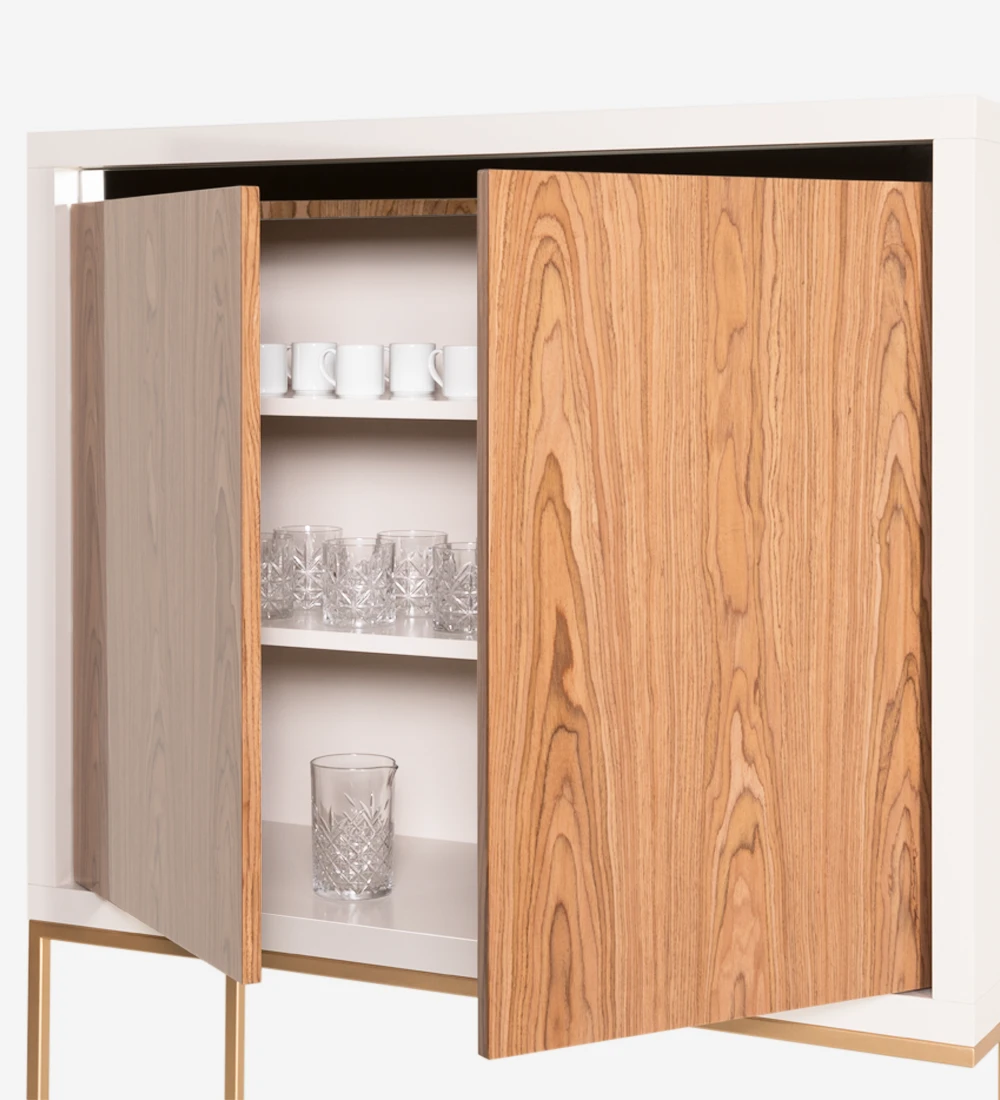 Cupboard with 2 doors in high gloss walnut, pearl lacquered structure, with mirror detail and golden lacquered metal foot.
