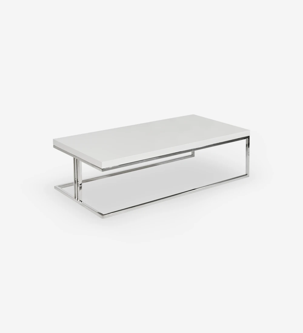 Mesa de centro rectangular con tapa lacada perla y pie de acero inoxidable