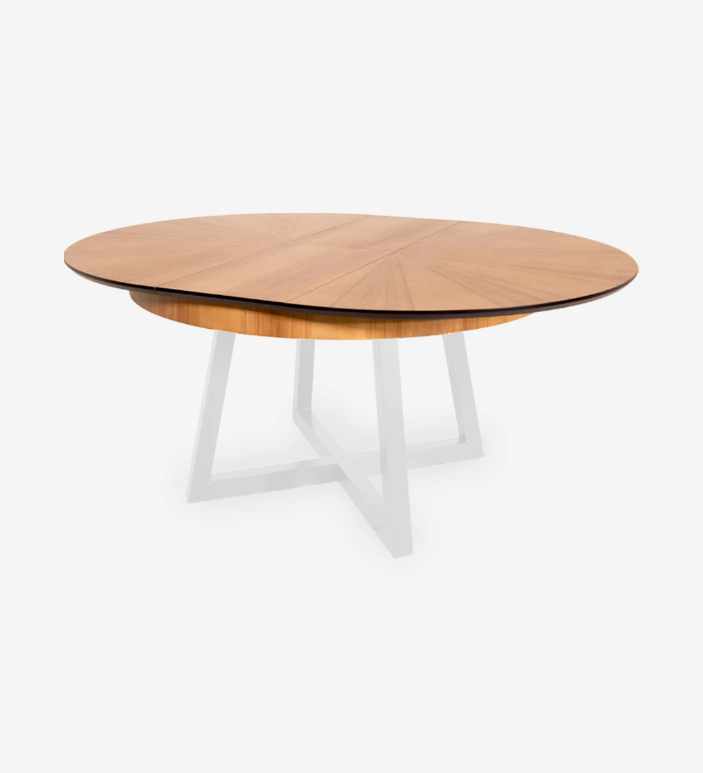Round extendable dining table with honey oak top and pearl lacquered legs.
