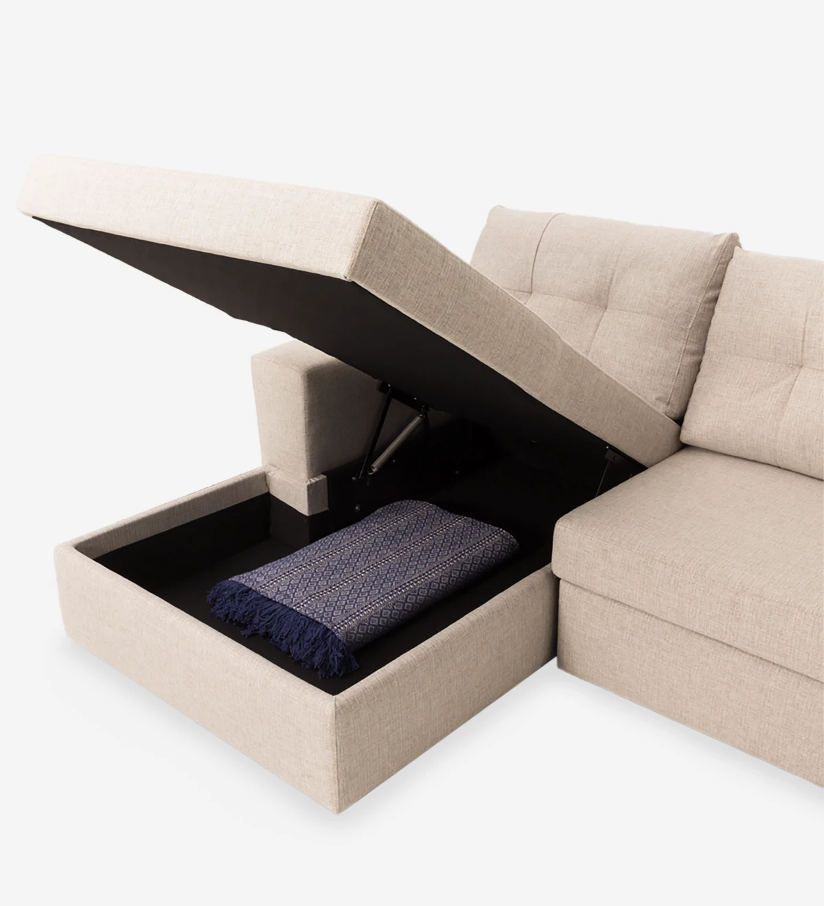 Sofá cama de 2 lugares com chaise longue, estofado a tecido