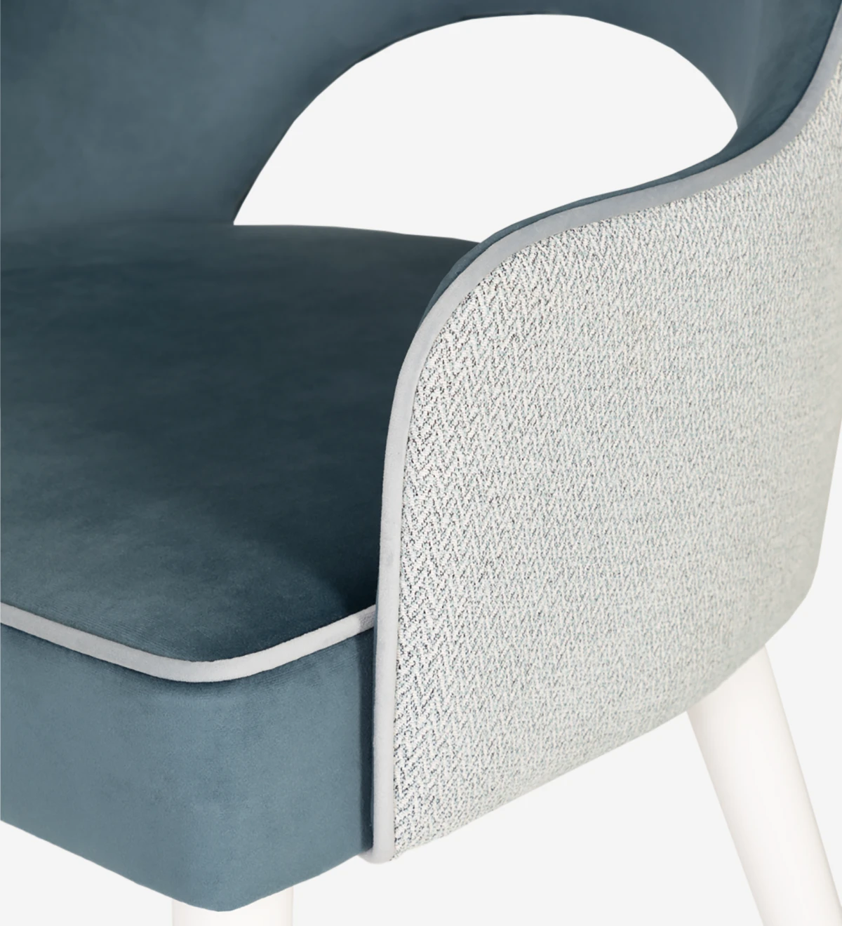 Chair with arms and vivid fabric upholstered, with white lacquered feet.