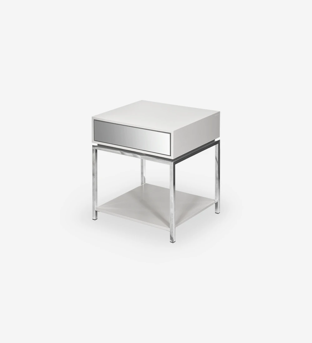 Bedside table with 1 drawer with mirror front, pearl lacquered structure, with stainless steel foot.