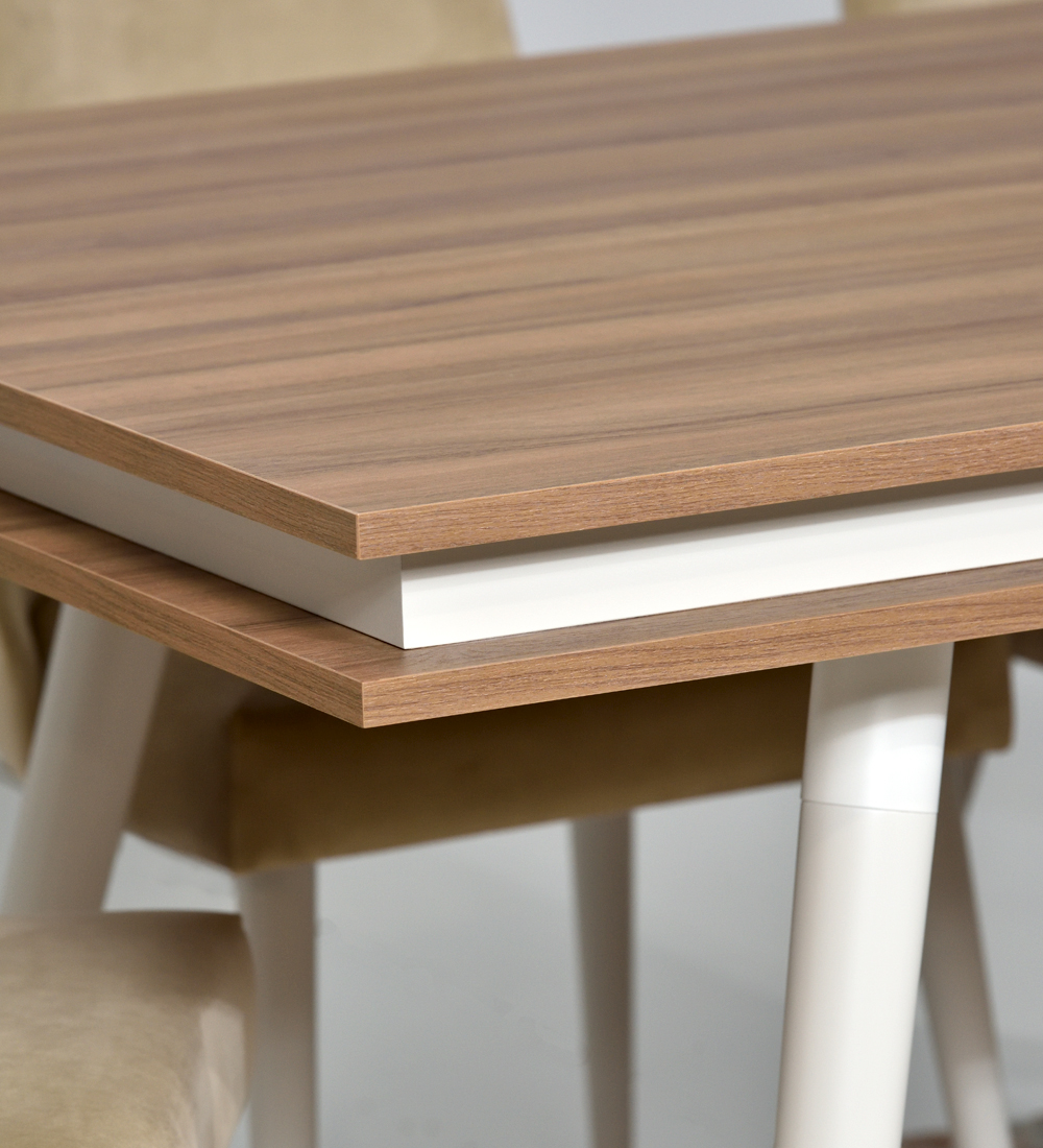 Rectangular dining table with walnut top, pearl lacquered legs.