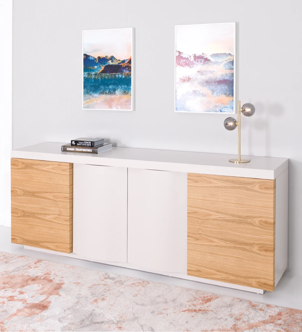 Sideboard with 2 side doors in natural oak and 2 central doors and frame lacquered in pearl, with a drawer for cutlery.