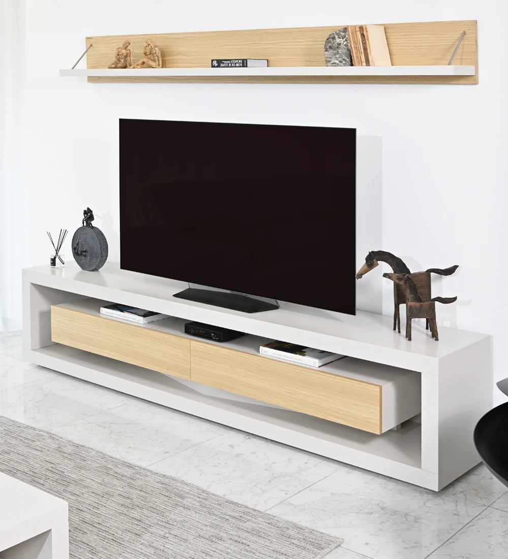 Móvel TV com estrutura e módulo de gavetas lacados pérola, gavetas em carvalho natural
