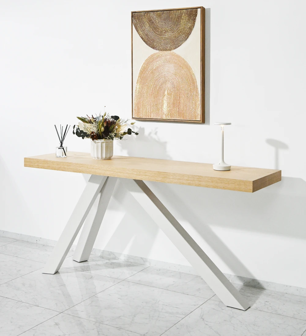 Console with natural oak wood top, pearl lacquered metalic foot