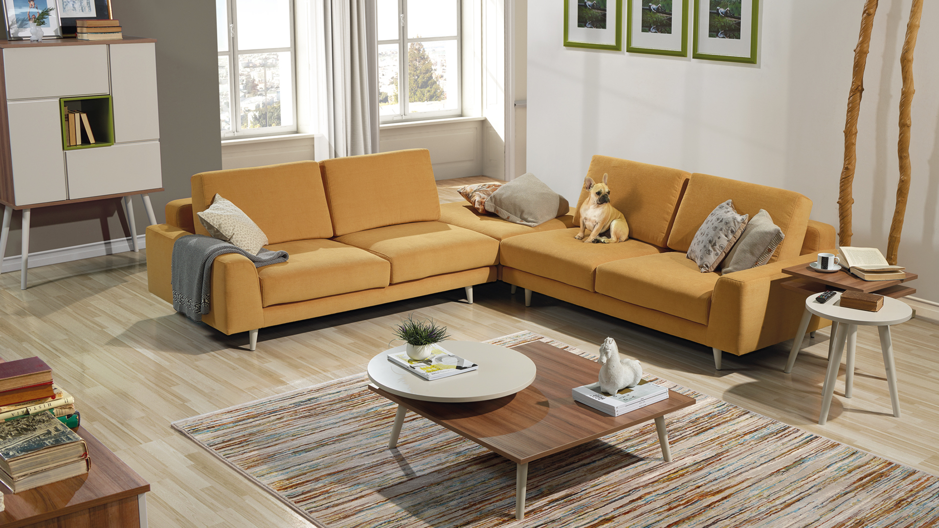 Sofá De Canto Oslo | 2+2 lugares, estofado a tecido, pés lacados a