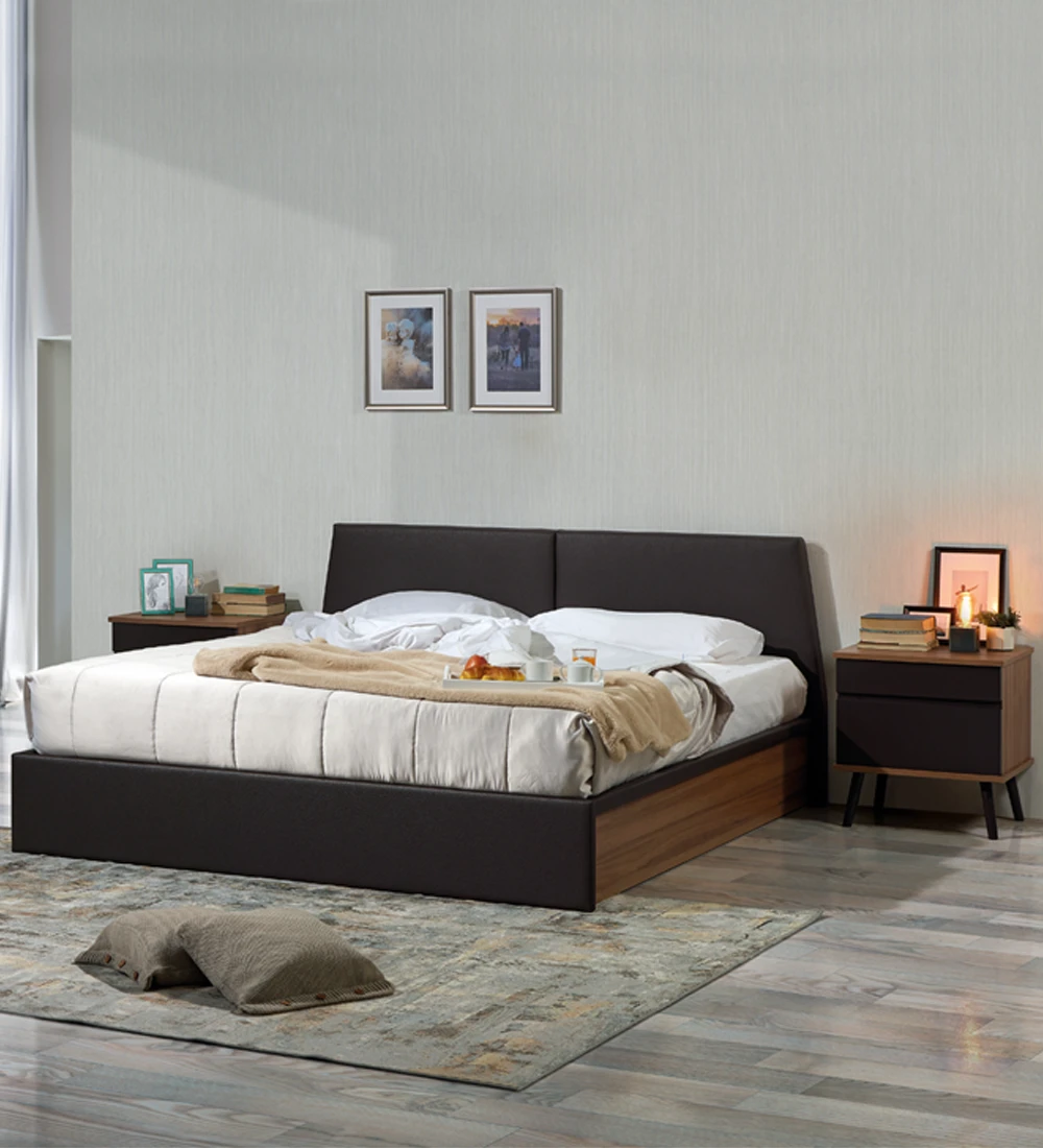 Double bed with upholstered eco-leather headboard and footboard, walnut sides, with storage through a lifting platform.