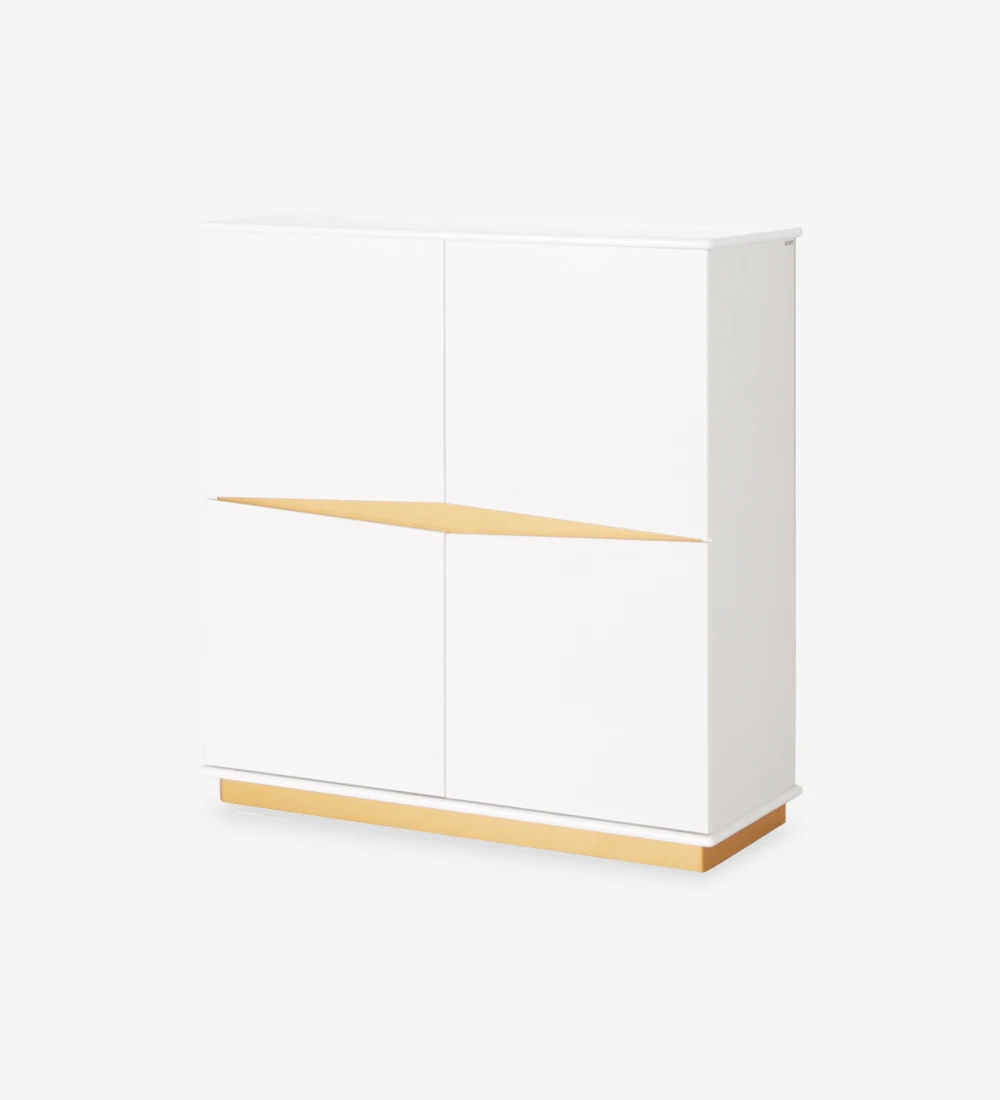 Cupboard with 4 doors and white oak structure, white lacquered top, baseboard and detail lacquered in gold.