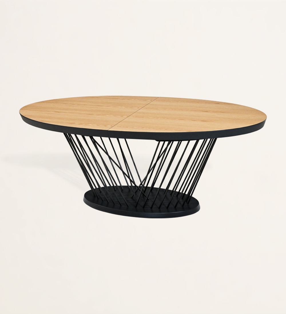 Oval extendable dining table with natural oak top and black lacquered metal legs and base.