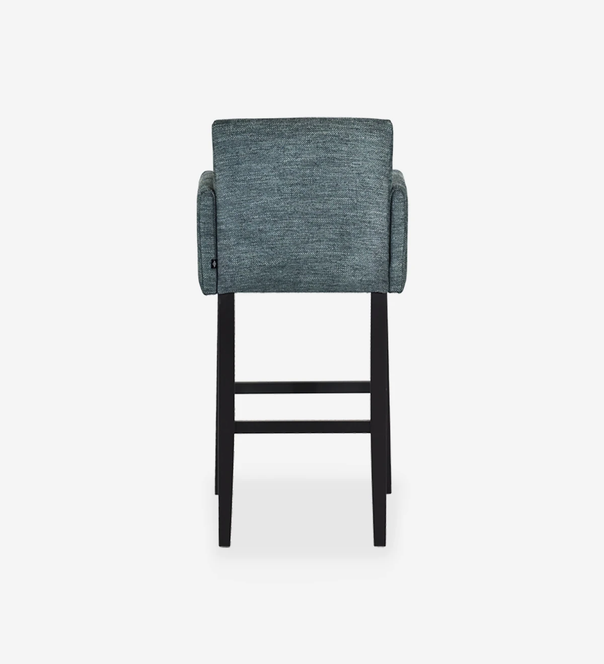 Stool with arms upholstered in fabric, with black lacquered feet.
