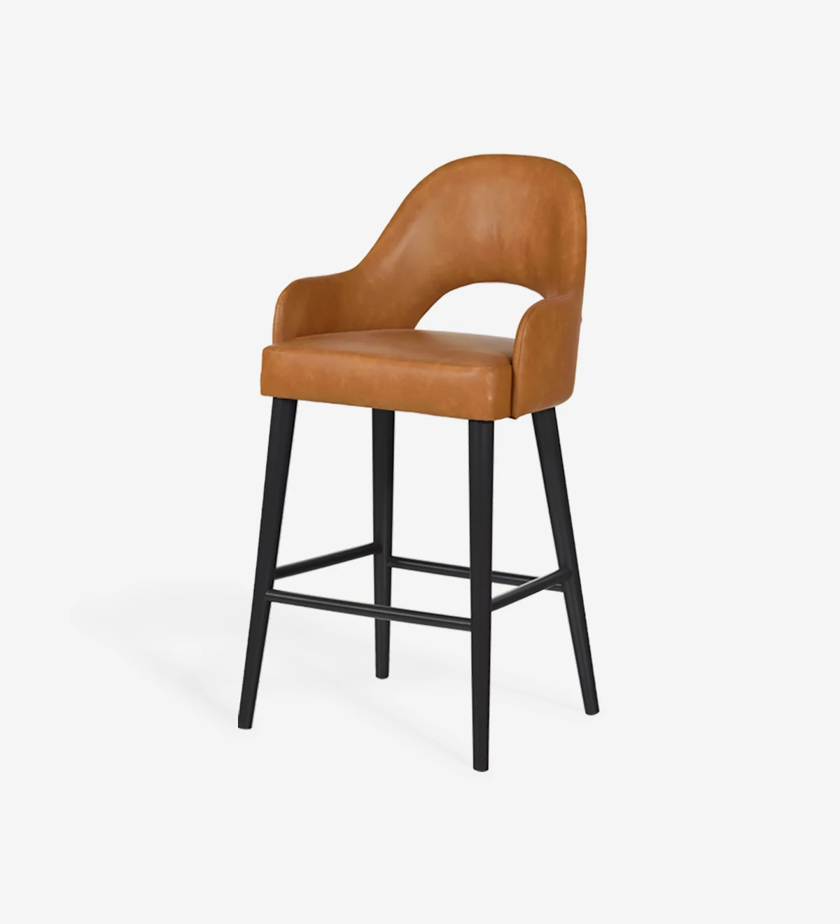 Stool with fabric upholstered arms, with dark brown lacquered feet.
