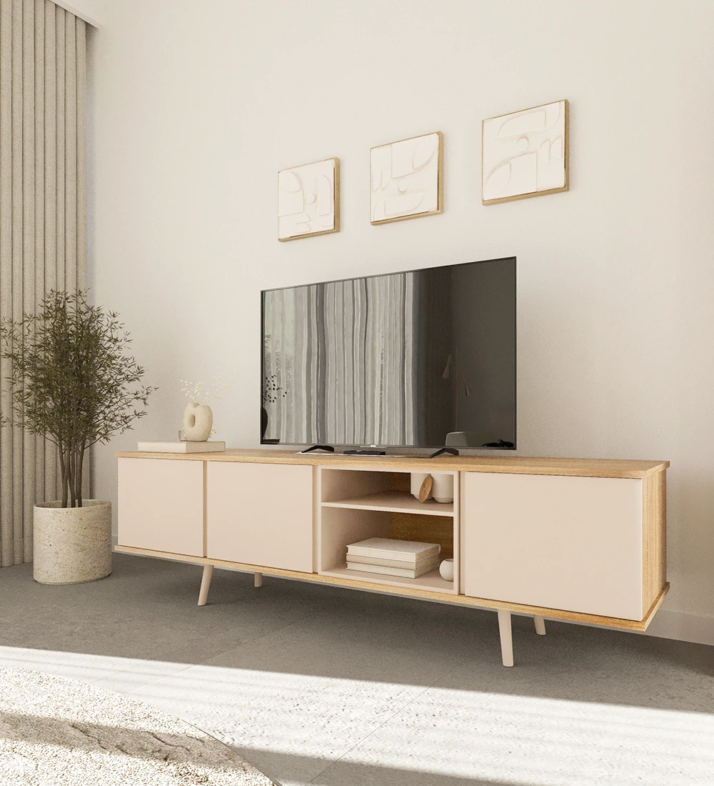TV stand with 3 doors, module and pearl lacquered legs, natural color oak structure.