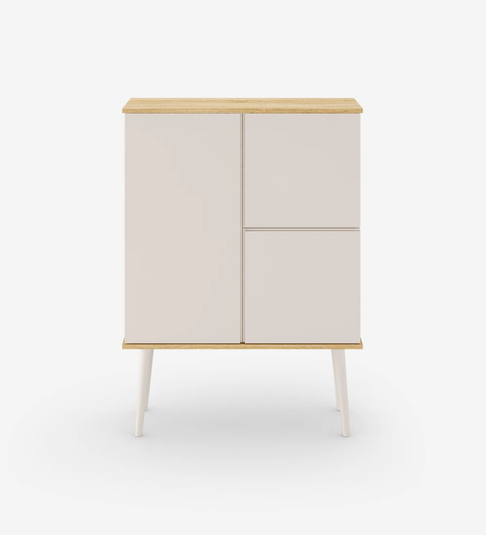 Cupboard with 3 doors and pearl lacquered legs, natural color oak structure.