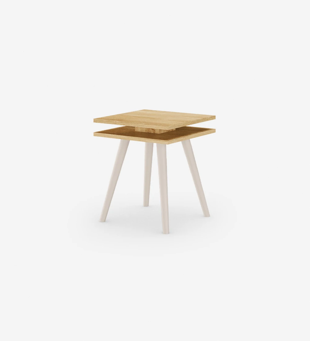 Square side table, with two natural colored oak tops and pearl lacquered turned legs.