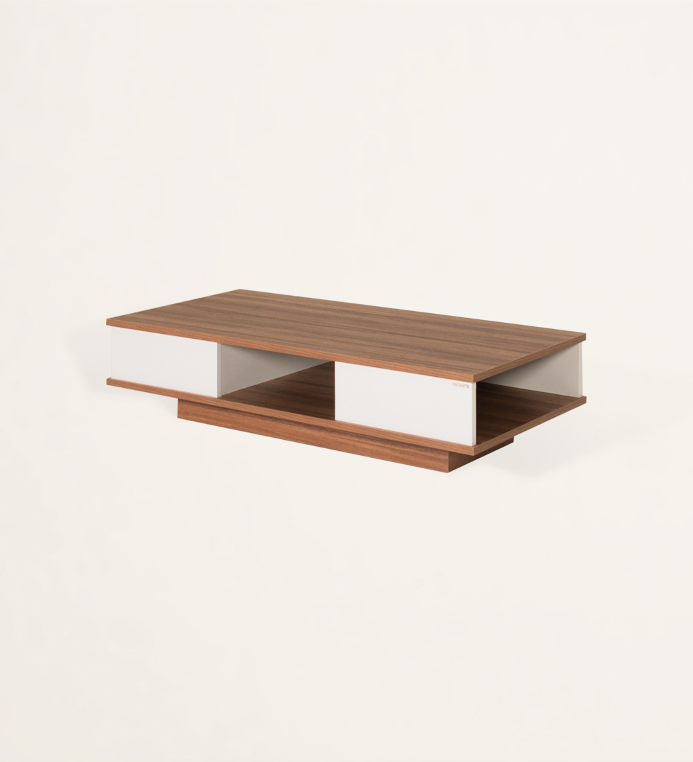 Rectangular center table with walnut structure and white oak interior.