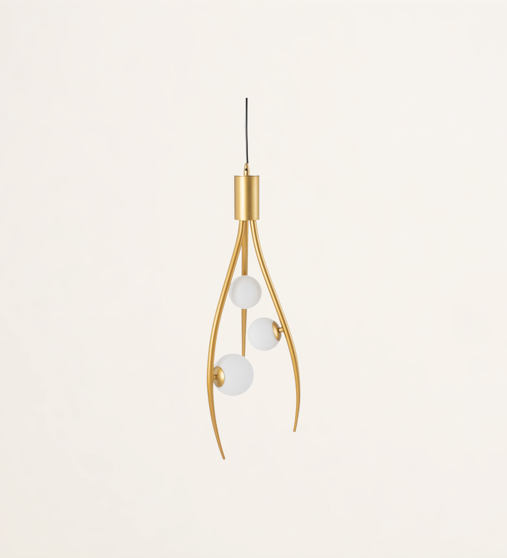 Suspended ceiling lamp in gold metal and glass