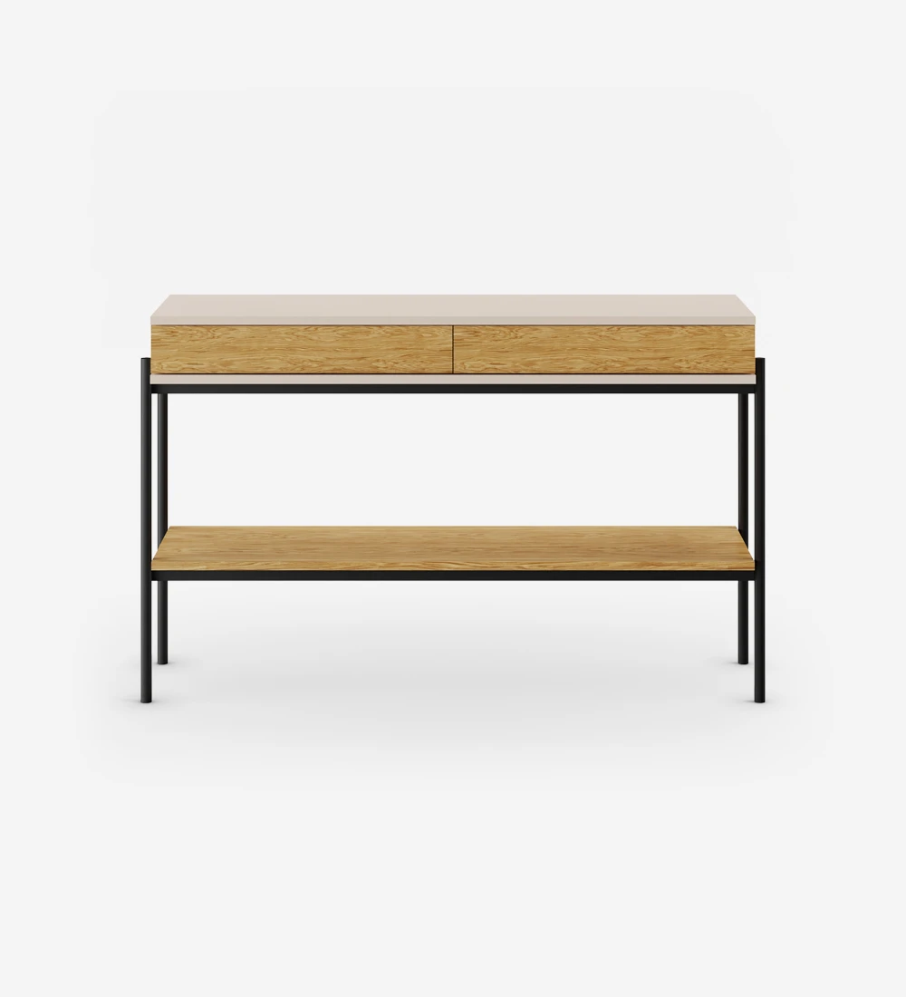 Console with 2 drawers and shelf in natural oak, pearl structure and black lacquered metal feet with levelers.