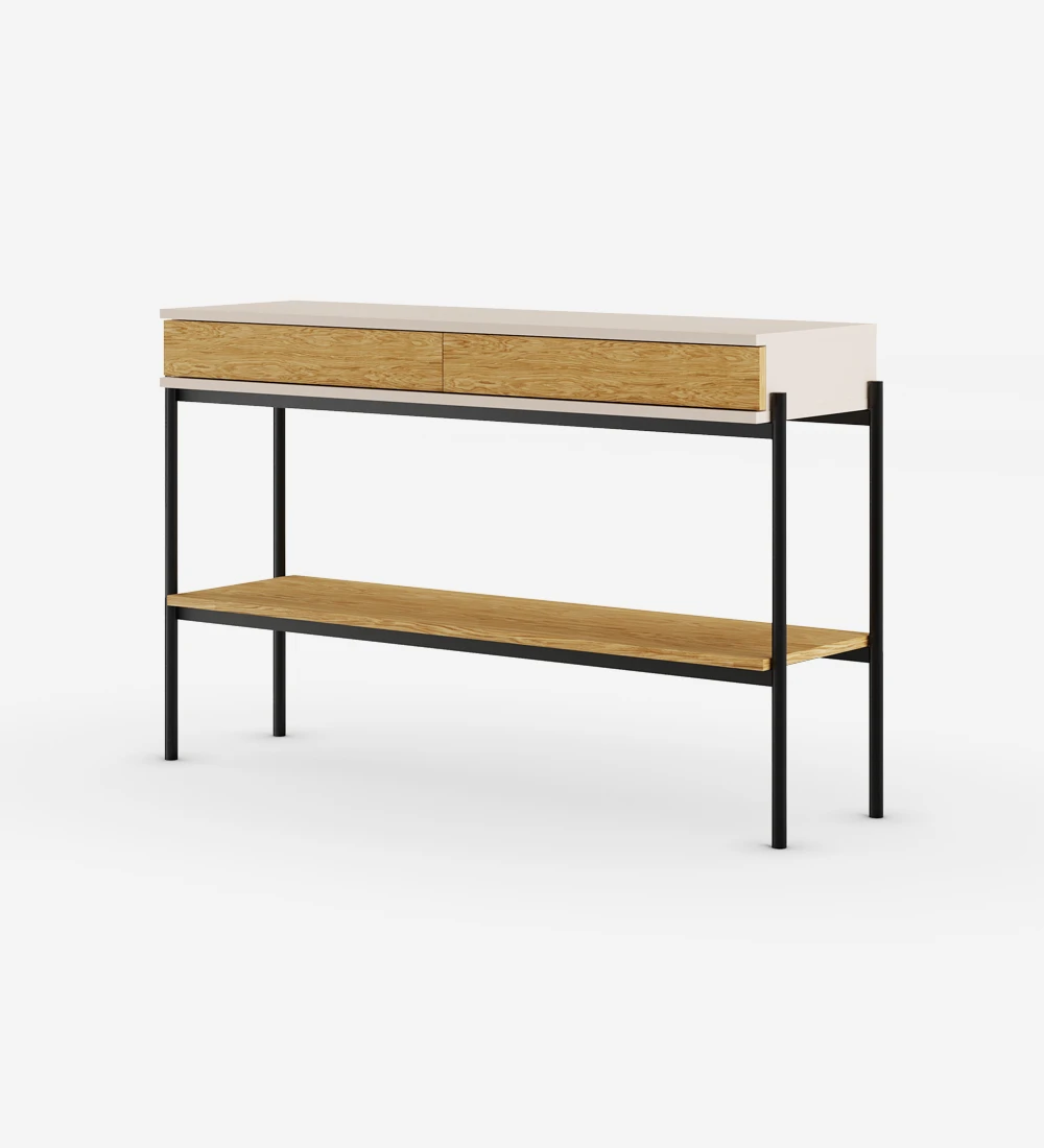 Console with 2 drawers and shelf in natural oak, pearl structure and black lacquered metal feet with levelers.