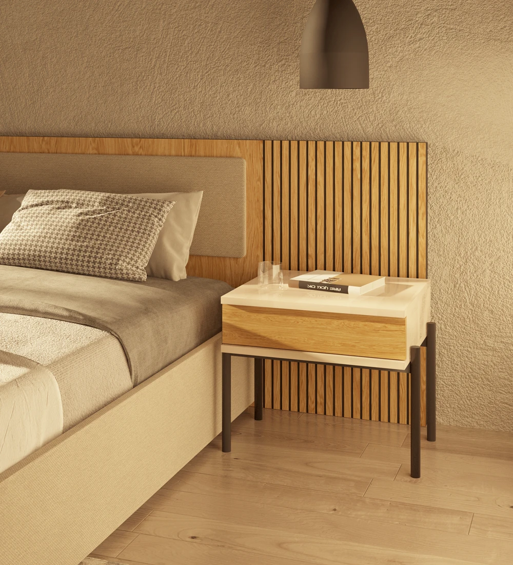 Bedside table with drawer in natural oak, pearl structure and black lacquered metal feet with levelers.