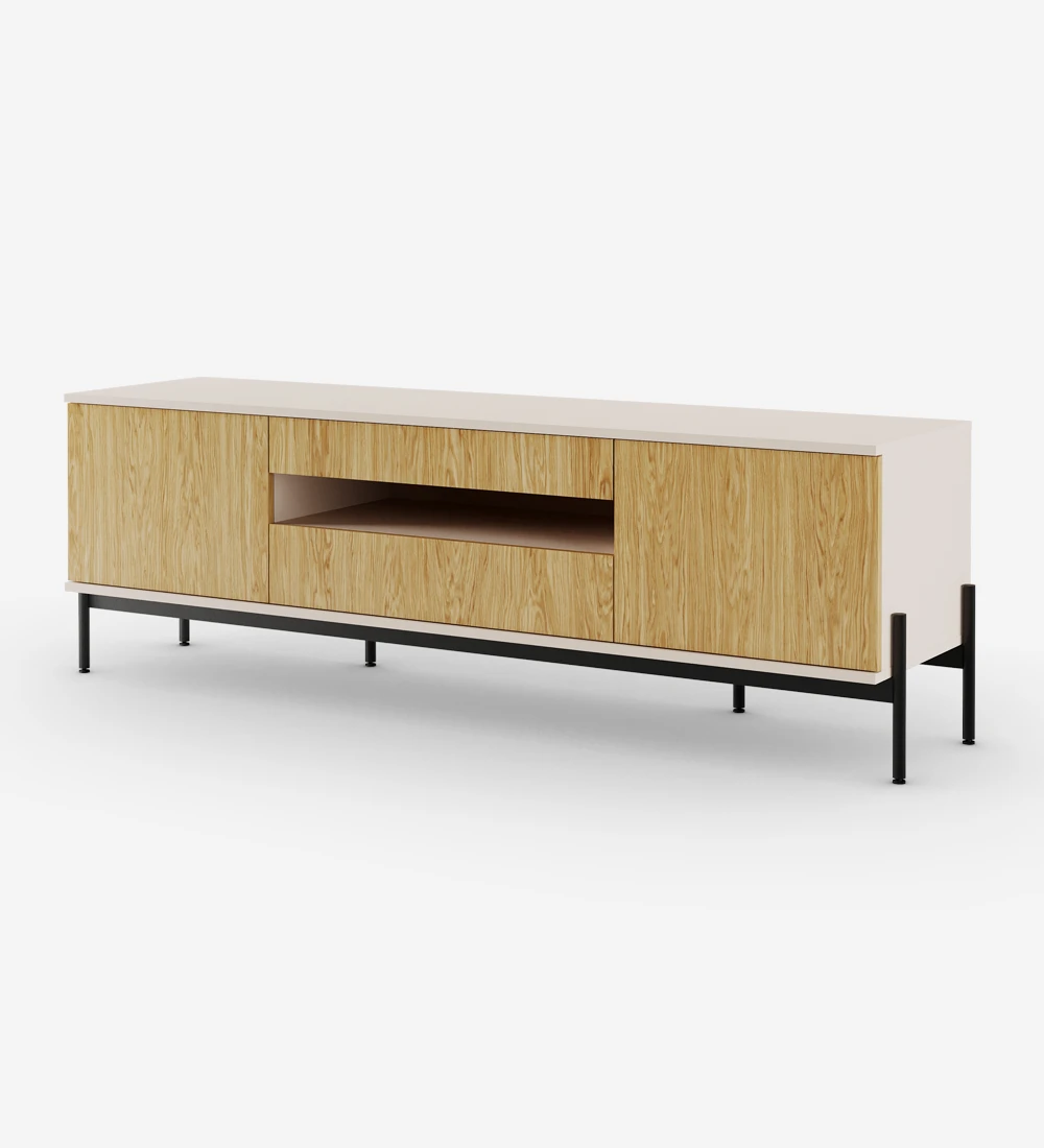 TV stand with two doors and two drawers in natural oak, pearl structure, and black lacquered metal feet with levelers.