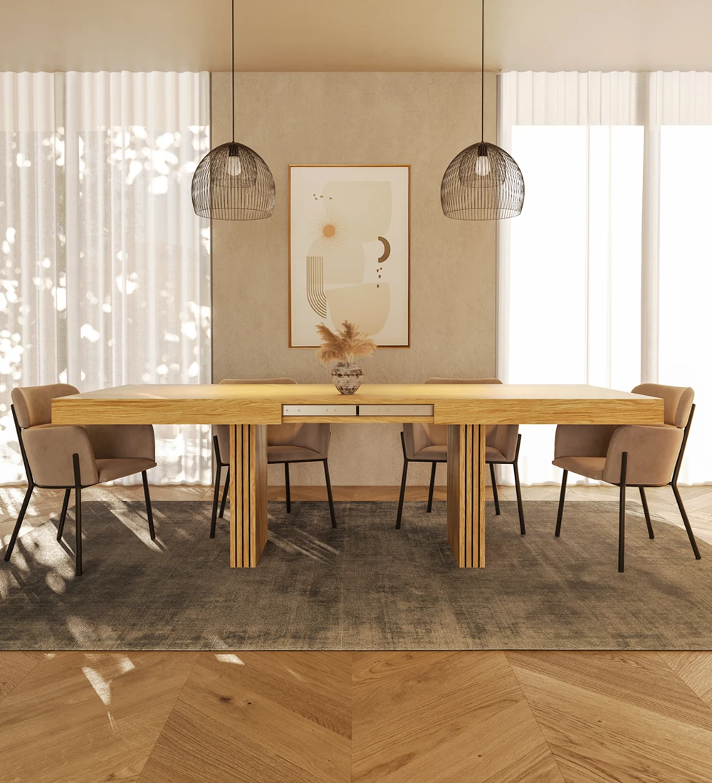 Rectangular extendable dining table in natural oak, legs with friezes.