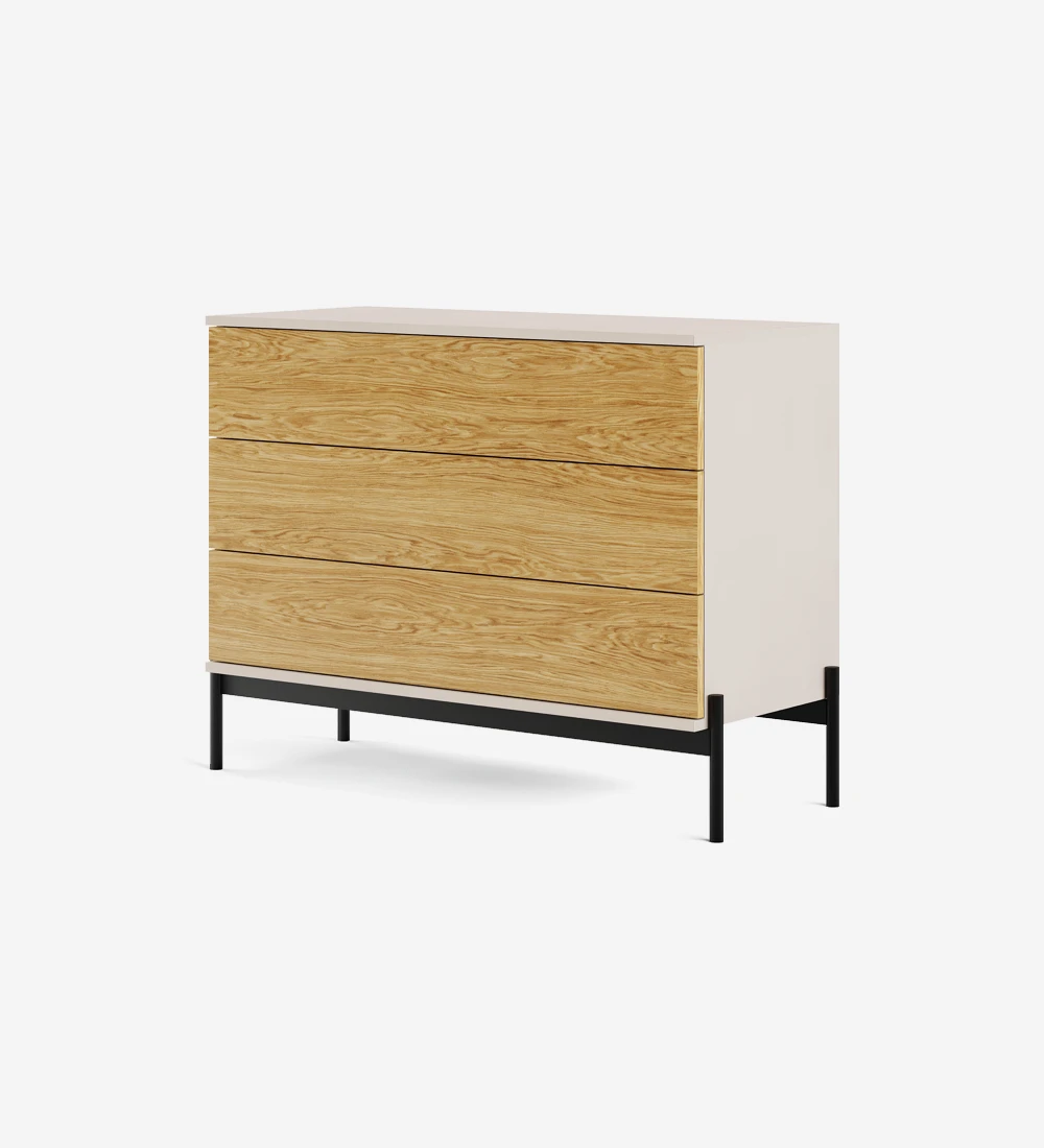 Dresser with 3 natural oak drawers, pearl structure and black lacquered metal feet with levelers.