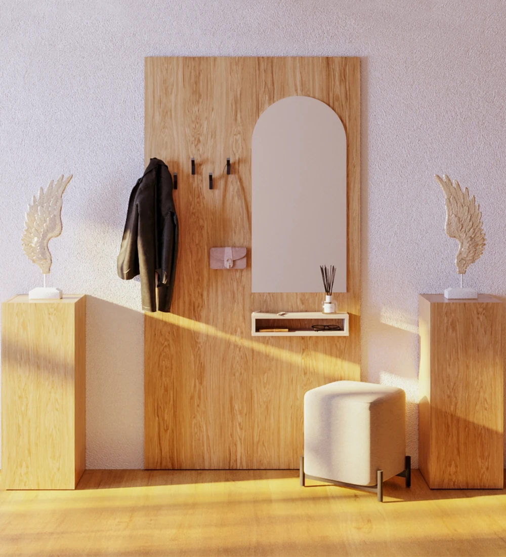 Panel for entrance hall in natural oak, with mirror, module in pearl and hooks in black.