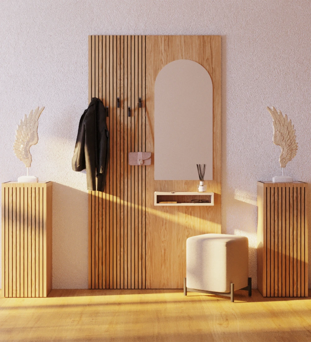 Panel for entrance hall in natural oak with friezes, with mirror, module in pearl and hooks in black.