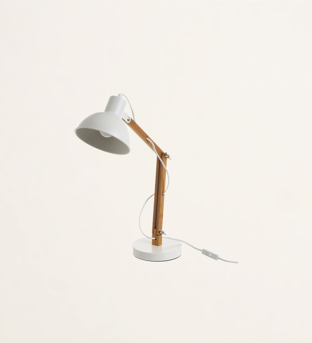 Lampe de bureau en métal blanc et bambou