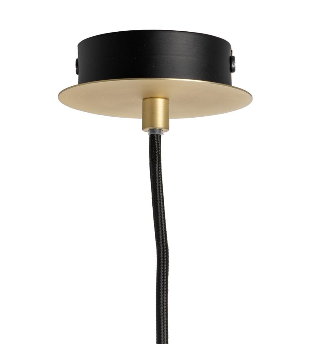 Lámpara de techo suspendida en metal negro, dorado y cristal