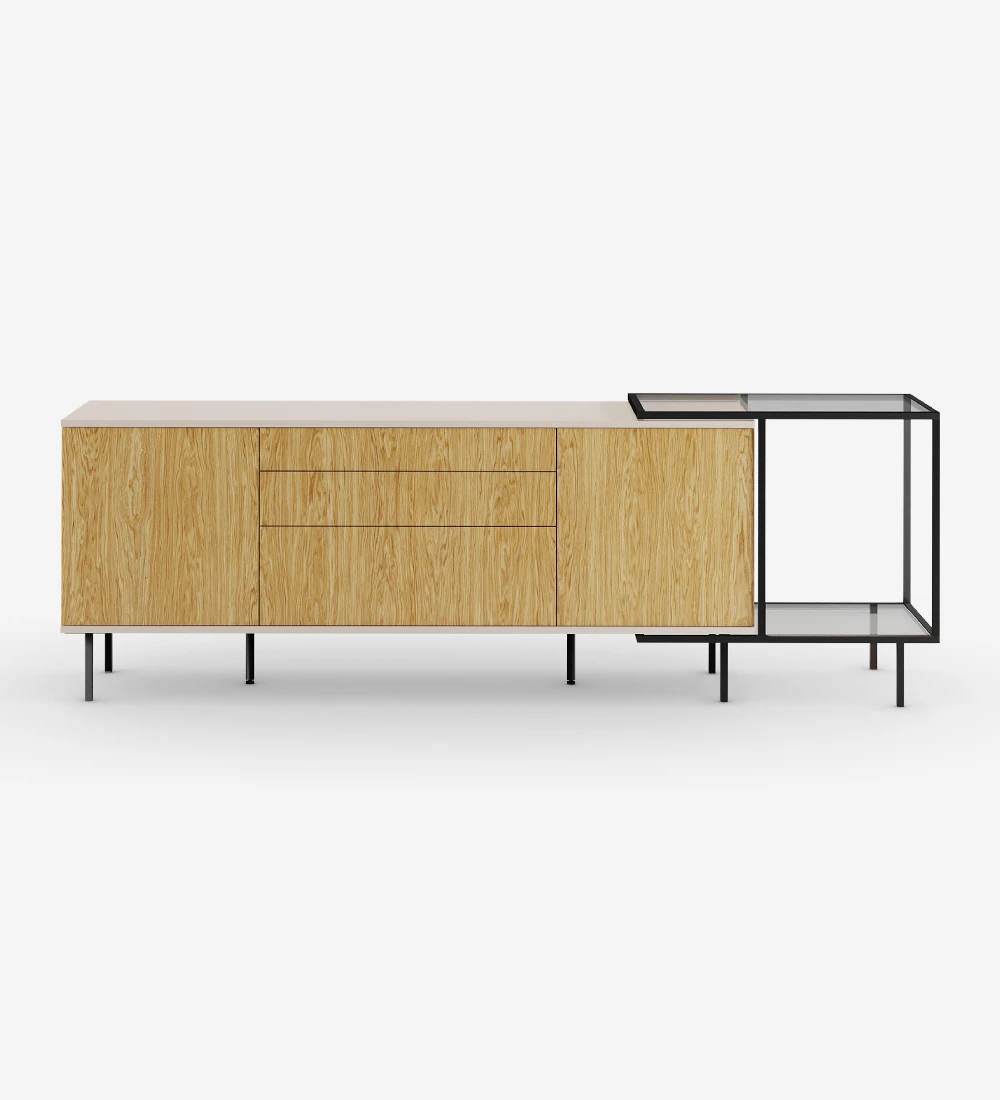 Sideboard with 2 doors, 1 hinged door and two drawers in natural oak, pearl structure and black lacquered metal feet with levelers. Side extension with black lacquered metal structure, glass top and shelf.