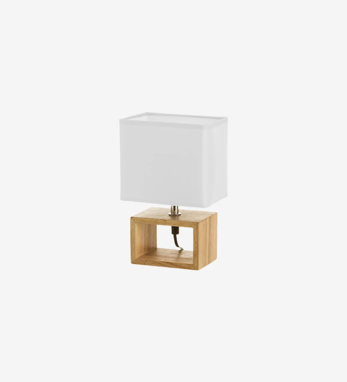  Table lamp with wooden base and shade in white lined fabric.