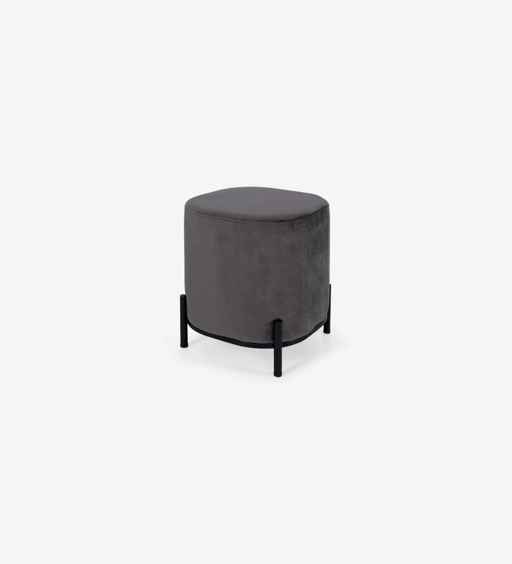 Puff upholstered in fabric, black lacquered metallic foot.