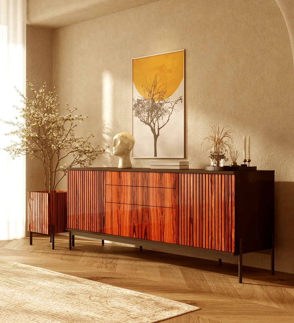 Sideboard with 2 friezes doors, 1 hinged door and two high gloss palissander drawers, black structure and black lacquered metal feet with levelers.