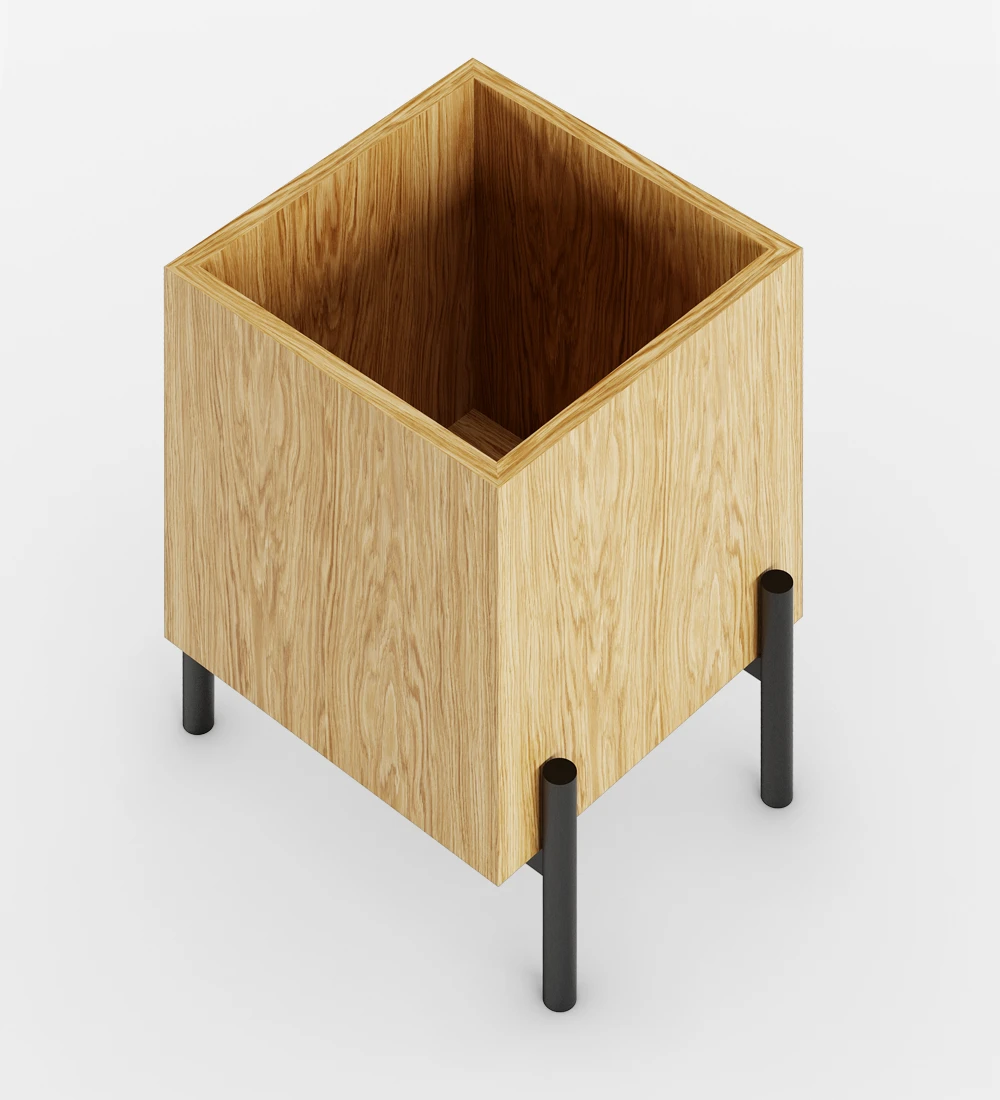 Flower box, in natural oak, black lacquered metallic structure with levelers feet.