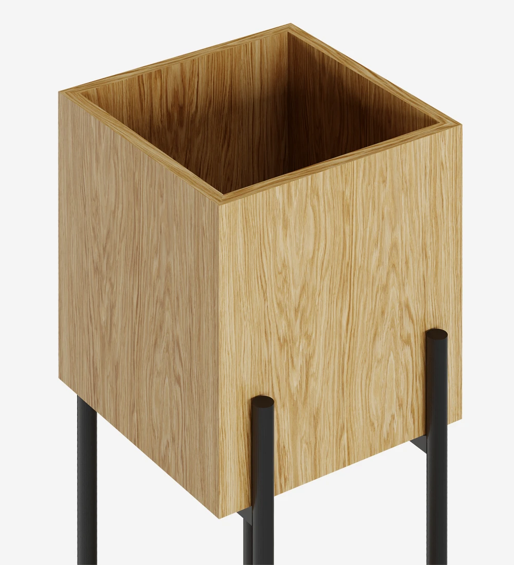 Flower box in natural oak, black lacquered metallic structure, with levelers feet.