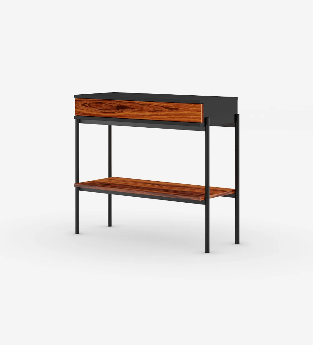 Console with drawer and shelf in high gloss palisander, black structure and black lacquered metal feet with levelers.