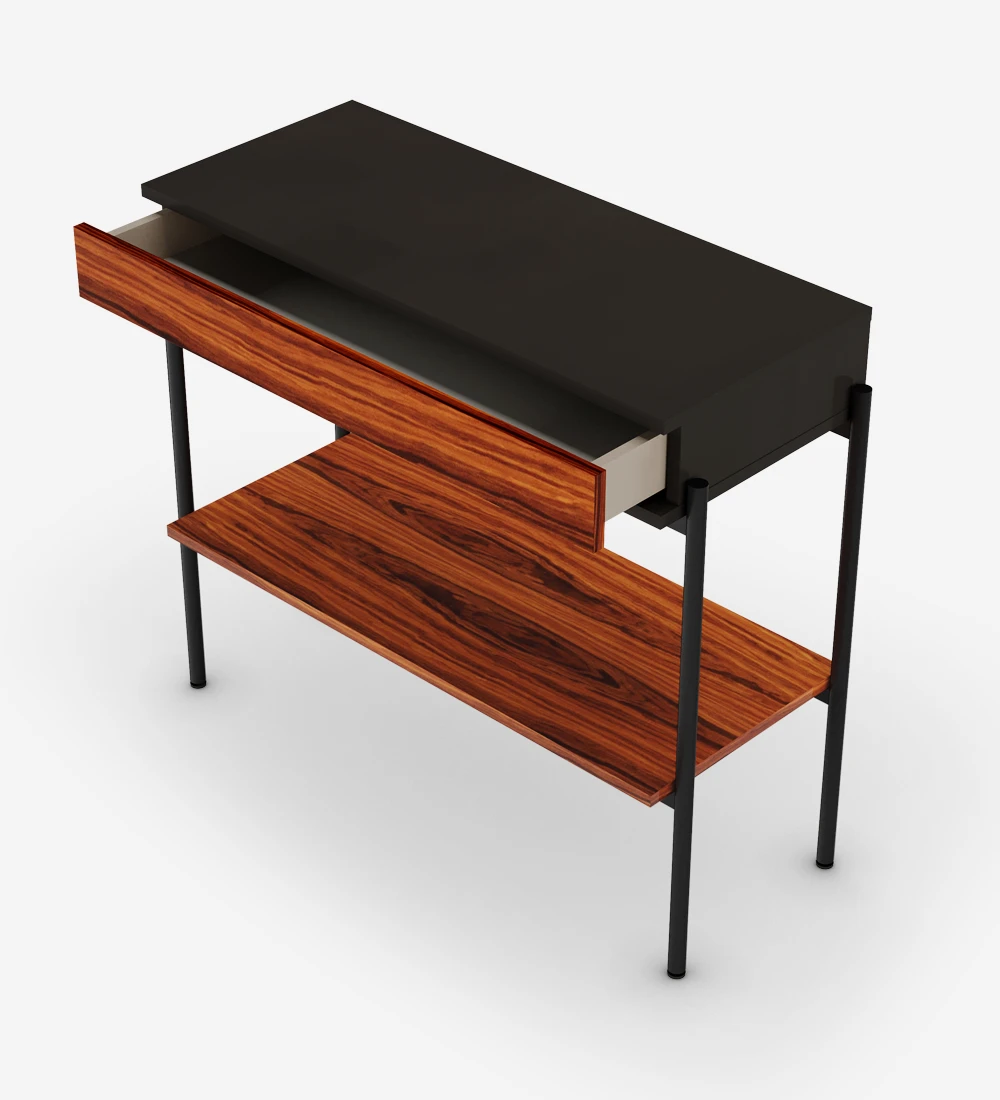 Console with drawer and shelf in high gloss palisander, black structure and black lacquered metal feet with levelers.