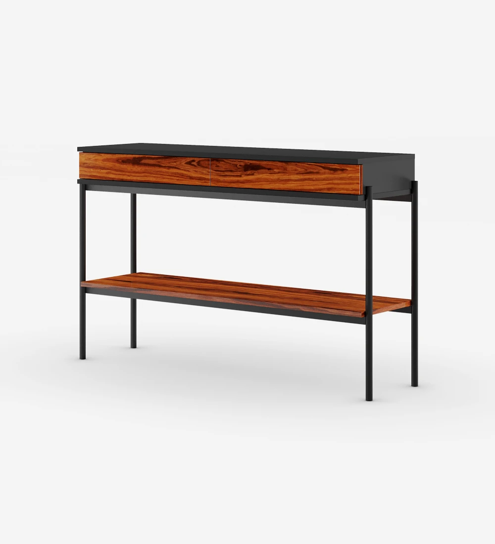 Console with 2 drawers and shelf in high gloss palissander, black structure and black lacquered metal feet with levelers.