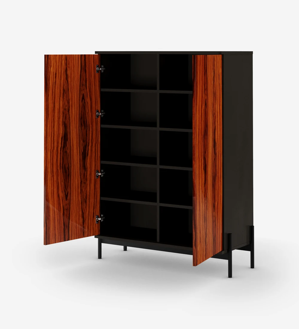 Cupboard with 2 doors in high gloss palissander, black structure and black lacquered metal feet with levelers.