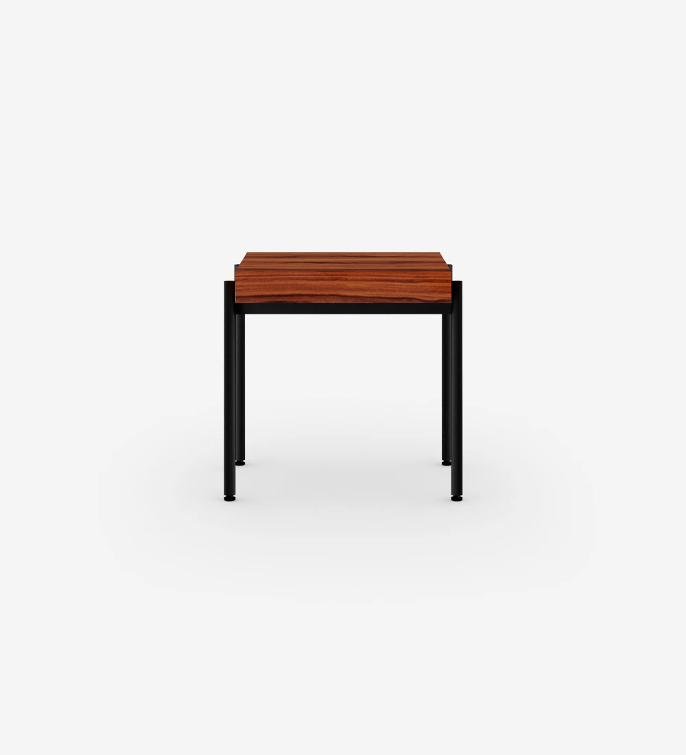 Square side table in high gloss palissander, black lacquered metal structure, legs with levelers.