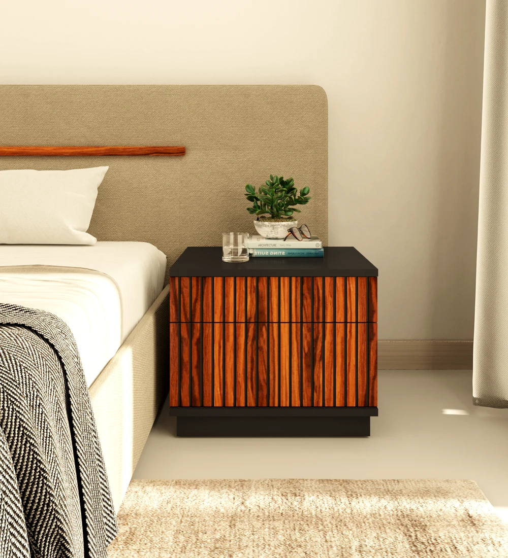 Bedside table with 2 drawers with friezes in high gloss palissander, black structure.