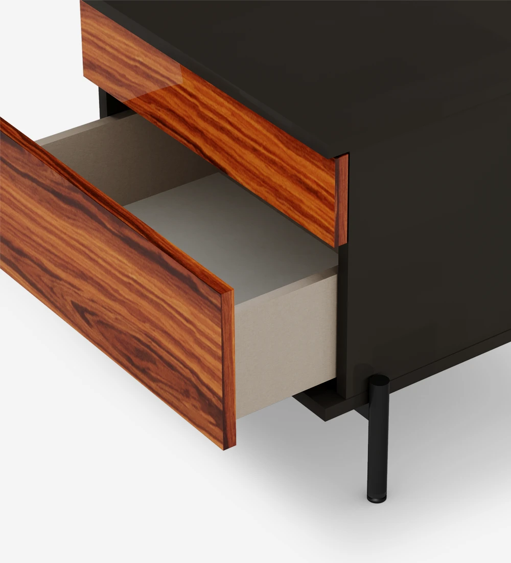 Bedside table with 2 drawers in high gloss palissander, black frame and black lacquered metal feet with levelers.