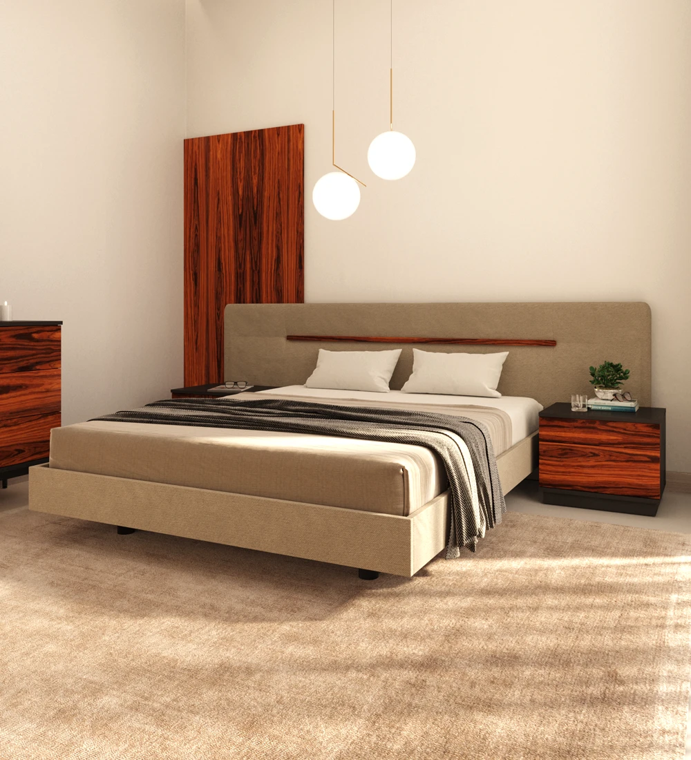 Double bed with upholstered headboard and suspended base, detailed in high gloss palissander.