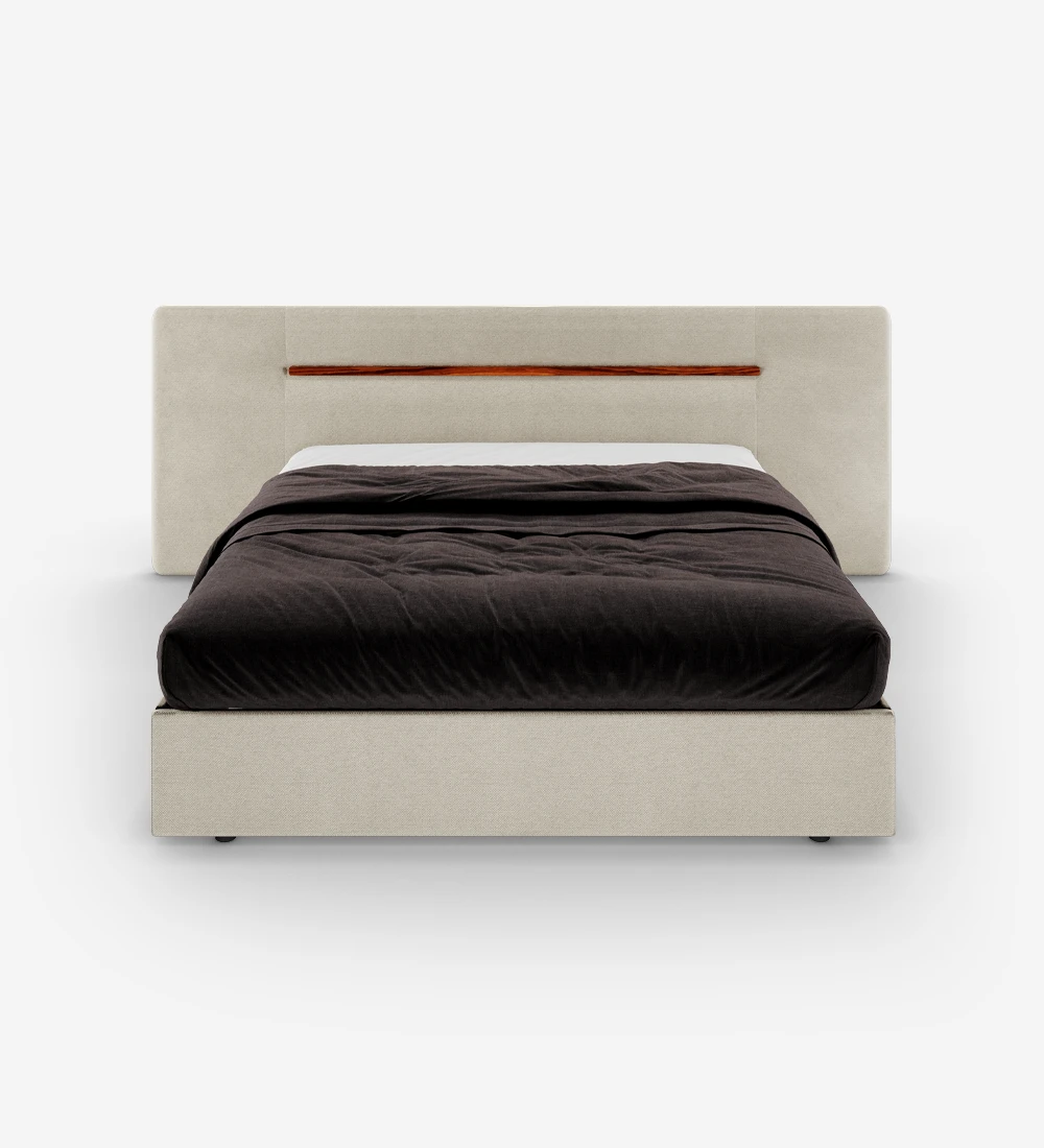 Lit double avec tête de lit rembourrée et sommier, détail en palissandro brillance, avec rangement via un lit surélevé.